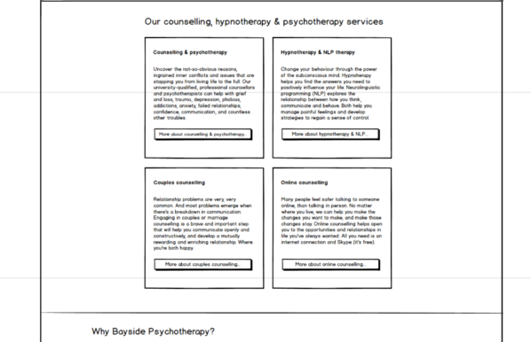 Bayside Psychotherapy UX home page wireframe