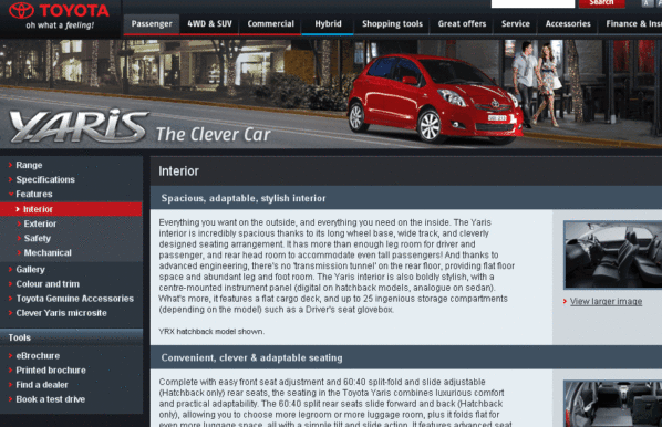 Toyota Yaris web automotive copywriting sample